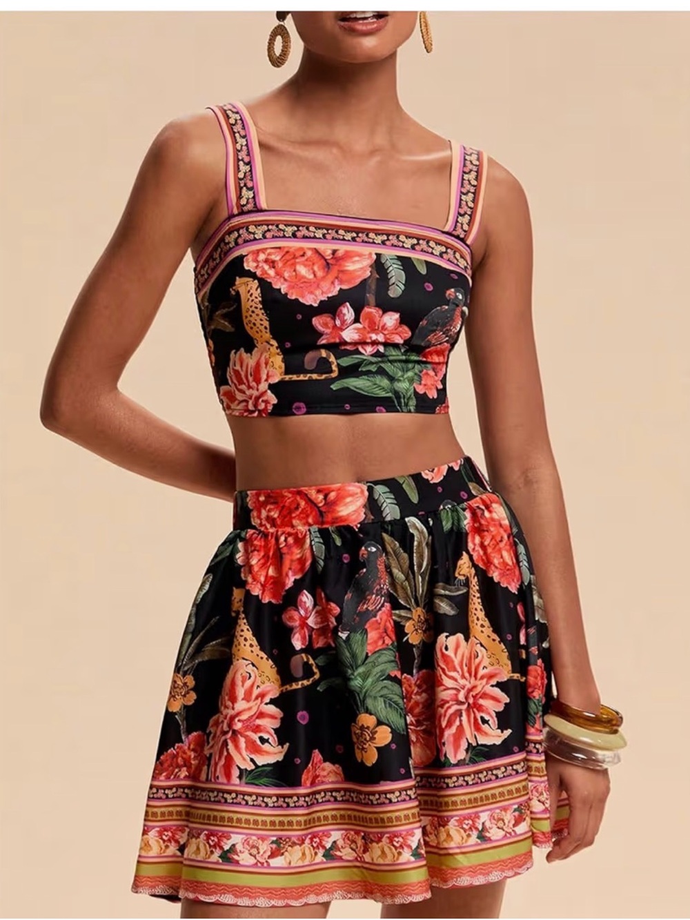 Women's Two Piece Tropical Crop Cami Top and Summer Skirt Set